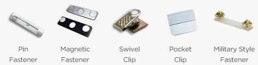 Name badge fastener options - magnetic, pin, clip, and lanyard attachments