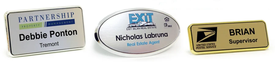 Custom name badges collection - metal and plastic options